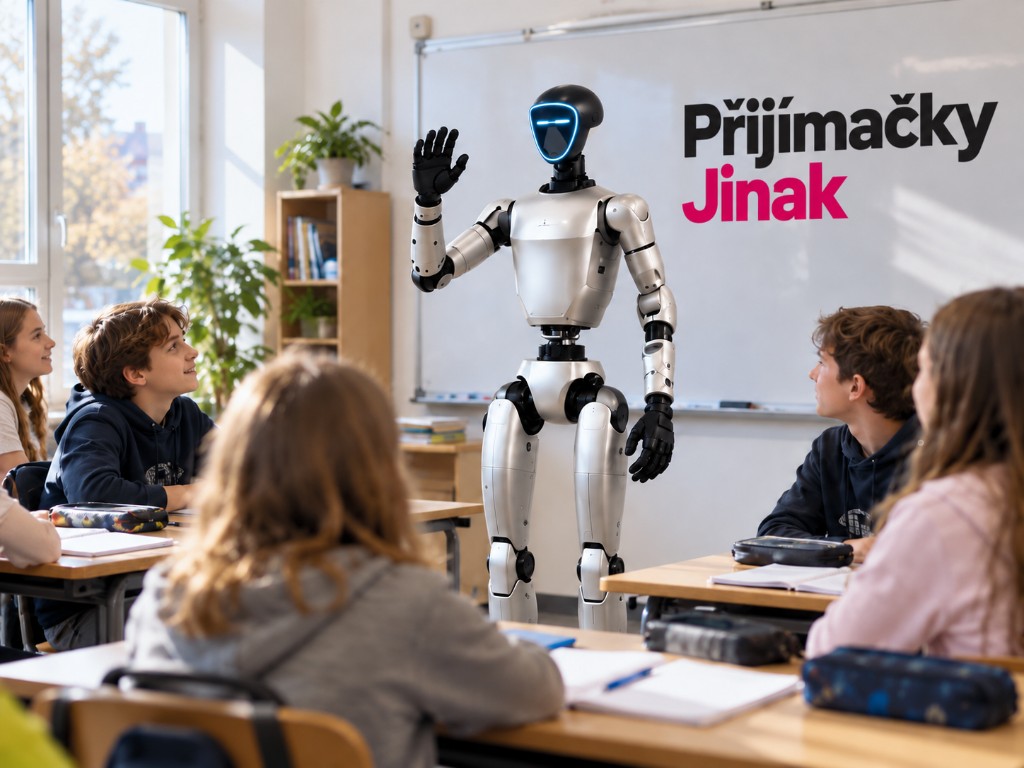 Humanoidní robot Kevin zdraví žáky ve třídě na workshopu Učím se s AI